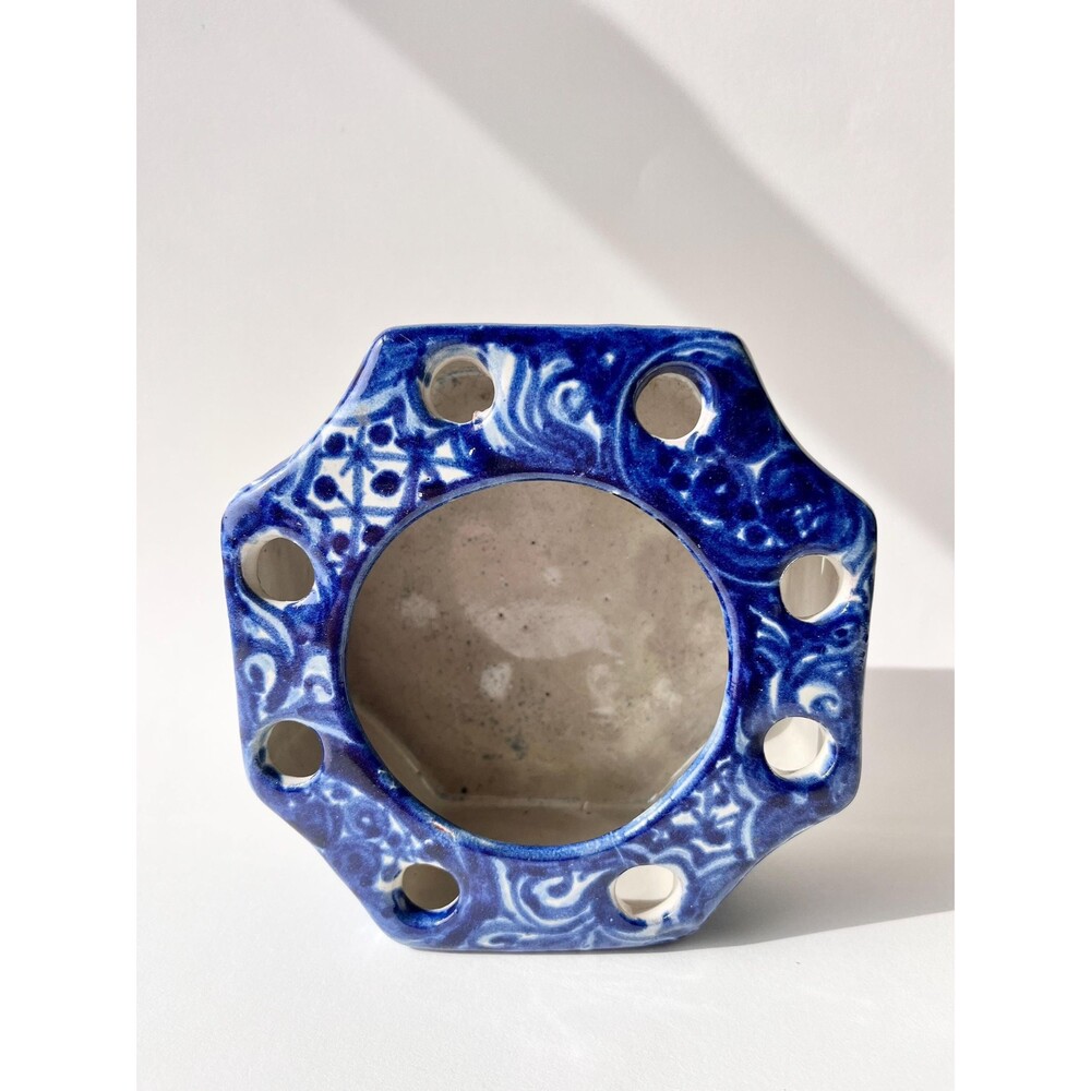 Gorgeous Vintage Blue and White Vase | Flower Frog | Talavera Mexican Pottery